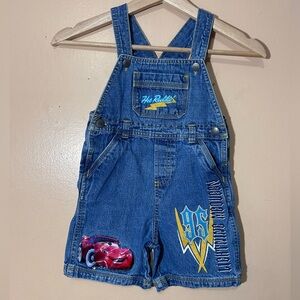 RARE Disney Pixar Cars Lightning McQueen 95 “Hot Roddin”Denim Short Overalls 3T